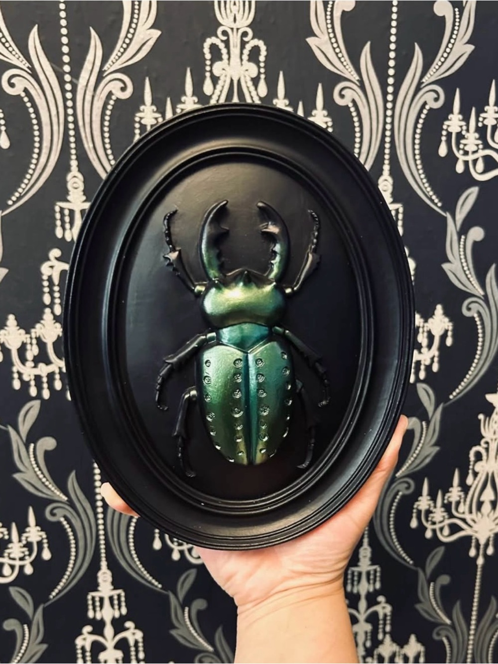 Beetle Wall Plaque 8”x6” Insect Bug Art Framed Green Metallic Goth Halloween NEW